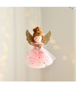 Detail of angel plush pendant with pink sequin mesh dress and gold glitter wings