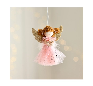 Detail of plush Christmas angel doll with pink sequined mesh skirt and golden star