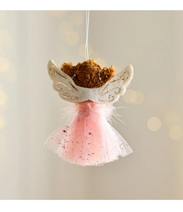 Detail of plush angel ornament with pink sequin mesh skirt and white feather belt