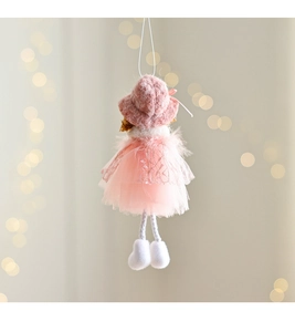 Close-up of pink angel ornament with lace tutu skirt and soft feather details