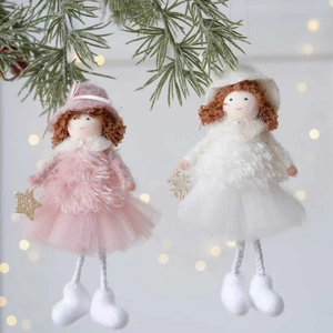 Christmas tree hanging angel plush doll ornaments with mesh skirts and wooden stars
