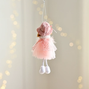 Pink and white Christmas angel doll with lace tulle skirt for holiday tree decoration