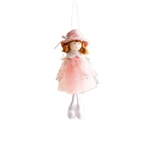 Pink angel doll Christmas tree ornament with mesh skirt and ribbon bow decoration