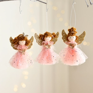 Christmas Angel Doll Plush Mesh Girl Hanging Ornament Gold Silver Wing Sequin Tulle Fairy Figurine Xmas Tree Decoration Gift