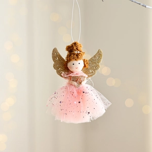 Pink plush Christmas angel doll ornament with gold wings and star for holiday decor