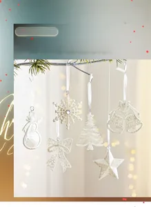 Glitter white Christmas tree ornaments set with star, bell and snowman shapes