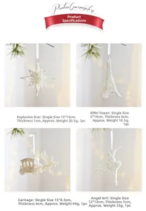 Detailed view of white glitter Christmas ornaments including stars and angels with sizes
