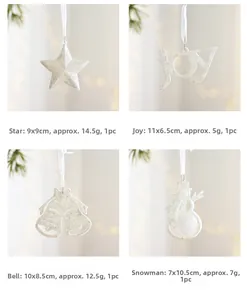 Detailed grid view of white glitter Christmas ornaments including star, joy sign, bell and snowman