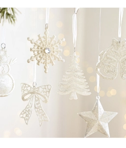 Set of 6 white glitter Christmas ornaments including snowman and bell on silk strings