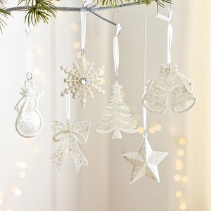 White Glitter Christmas Hanging Ornaments Snowman Snowflake Star Bell Bow Carriage Angel Tower Holiday Tree Home Decor