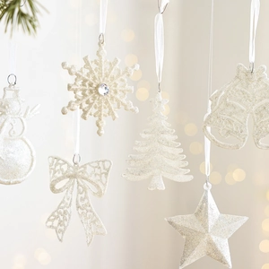 White glitter Christmas tree ornaments set including snowflake, star and bell decorations