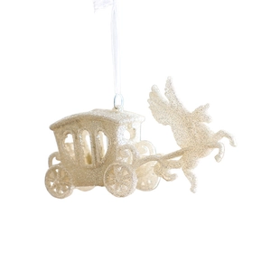 Sparkling white Christmas carriage with Pegasus hanging ornament for holiday tree decoration