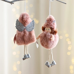 Rosa Plüsch-Engel Weihnachtsanhänger mit Silberflügeln an Zweigen zur Dekoration