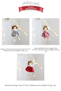 Detailed view of Christmas angel dolls with plaid skirts and golden wings decor