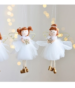 Detail of white mesh Christmas angel ornaments with gold wings and plush fabric