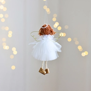 Handcrafted white mesh angel ornament with gold wings for Christmas tree decoration