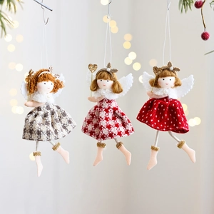 Handmade Christmas Angel Doll Pendant Plush Fabric Plaid Skirt Artificial Pearl Headpiece Wings Hanging Ornament For Christmas Tree Home Decoration