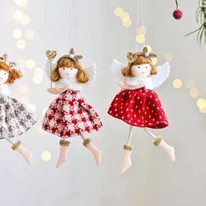 Plush Christmas angel dolls with checkered skirts and white wings for tree decoration