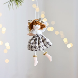 Handmade Christmas angel plush doll with plaid dress and golden snowflake wand ornament