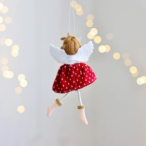 Plush Christmas angel doll ornament with red polka dot dress and soft white wings