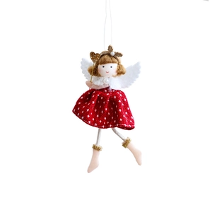 Plush Christmas angel doll with red polka dot dress and gold wand ornament