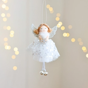 White Christmas angel ornament with sequin skirt, silver wings and bells for tree decor