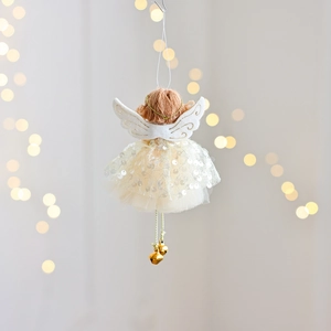 Christmas angel hanging ornament with mesh skirt, golden wings and bells for tree decor