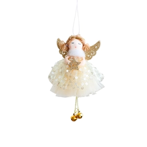 Christmas angel hanging ornament with mesh skirt, golden wings and bells for tree decor