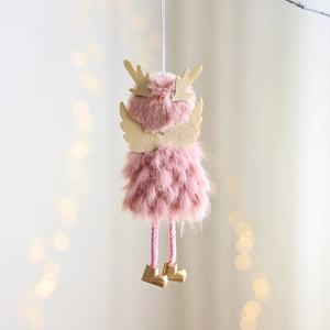Colgante ángel de peluche rosa con astas doradas y alas para árbol de Navidad