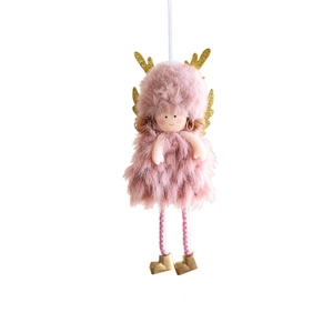 Colgante de ángel de Navidad de felpa con abrigo rosa y astas de reno doradas brillantes