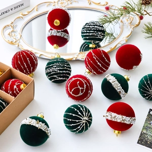 Luxury Flocking Velvet Christmas Balls Ornaments Painted Glitter Beads Tree Decoration For Holiday Party Red Green White