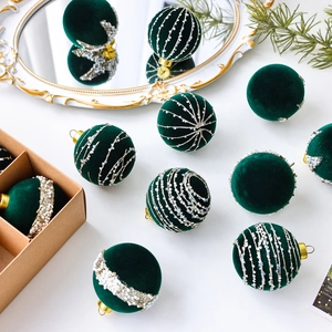 Dark green velvet Christmas ball ornaments with silver glitter and bead detailing