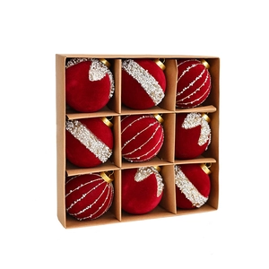 Set of 9 deep red velvet Christmas ball ornaments with glitter and beads in a kraft box