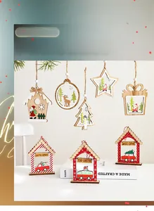 Detailed view of hand-painted wooden Christmas ornaments featuring Santa and reindeer