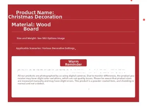 Detailed material information of wooden Christmas ornament highlighting the glitter process