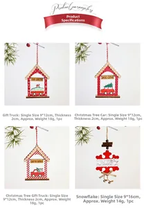 Detail view of 3D wooden Christmas tree ornaments with festive house and snowflake designs