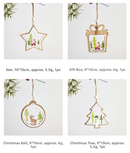 Detailed view of wooden Christmas ornaments featuring Santa, snowman and elk patterns