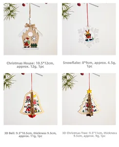 Set of four 3D wooden Christmas tree ornaments with festive hand-painted house and bell patterns