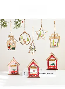 Detailed view of assorted wooden Christmas ornaments featuring Santa and reindeer motifs