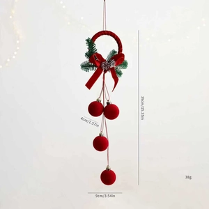 Vue détaillée de la cloche de Noël rouge floquée avec dimensions et nœud festif