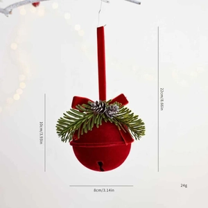 Détail de cloches de Noël floquées rouges avec dimensions 22cm x 10cm et pommes de pin