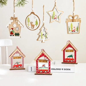 Wooden Christmas Tree Hanging Ornaments 3D Laser Cut Wood Santa Snowman Reindeer House Star Bell Shape Xmas Party Decor