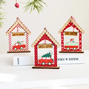 Three-piece set of wooden Christmas tree pendants featuring festive car and house designs