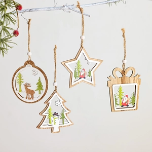 Set of 4 rustic wooden Christmas tree ornaments with Santa and reindeer motifs