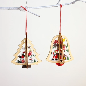 3D wooden Christmas tree and bell ornaments with festive Santa Claus and snowman patterns