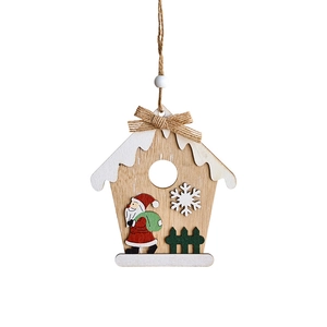 Wooden Christmas tree pendant featuring a 3D house design with Santa Claus and snow details