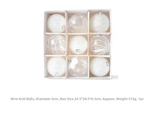 Detail view of 9-piece white Christmas ornaments set with snowflakes and grid textures