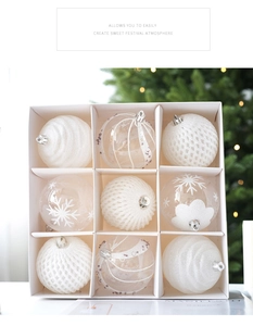 Detailed view of nine assorted white and clear Christmas baubles in a grid box