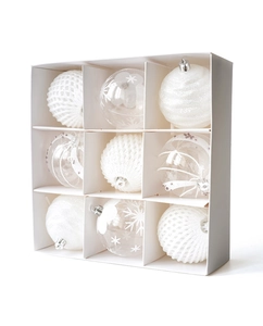 Set of 9 white Christmas baubles with glitter and snowflake patterns in a gift box
