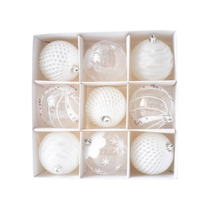 9-piece white Christmas ornaments set with mixed textures in a white gift storage box